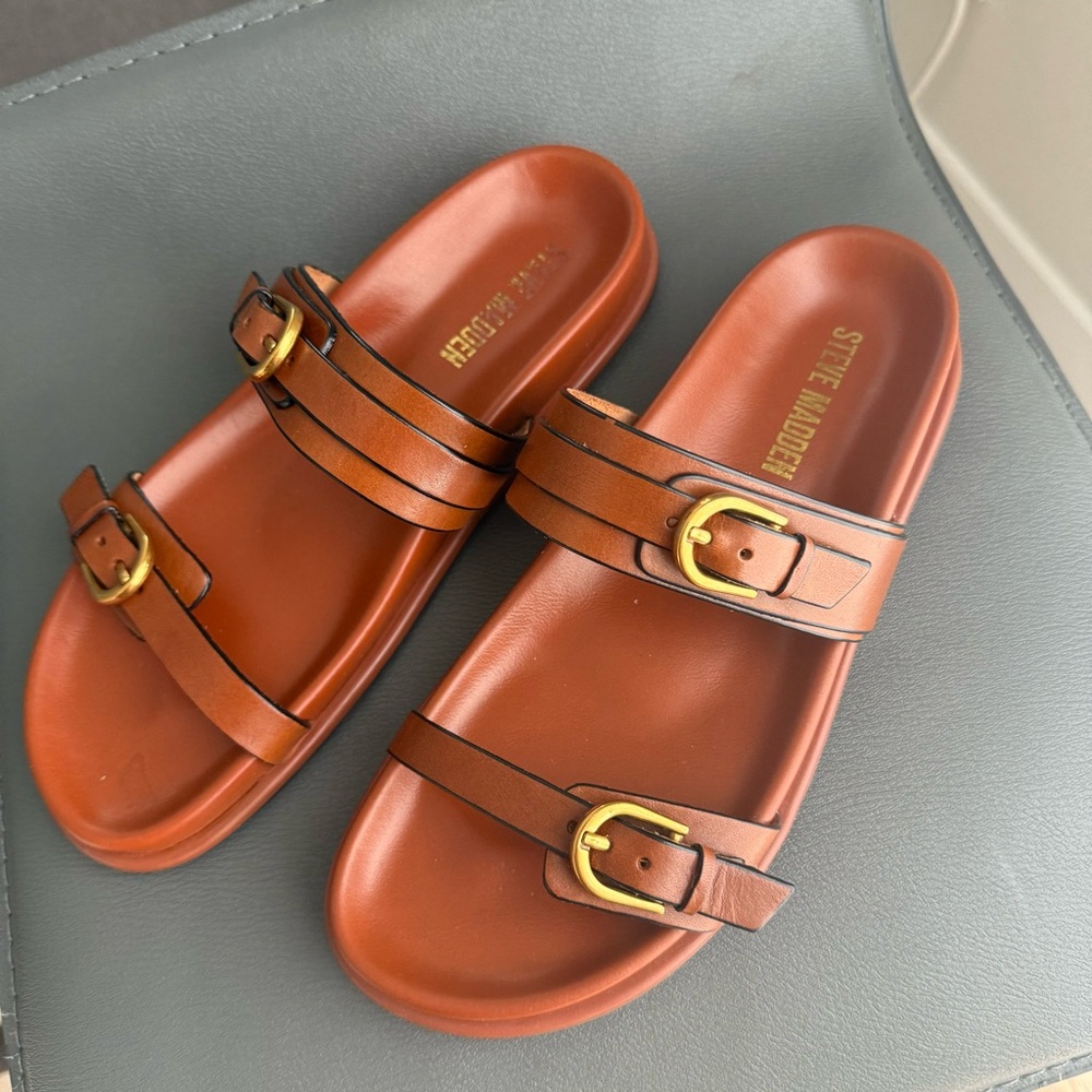 Steve Madden Tan Slide Sandals with Gold Accents